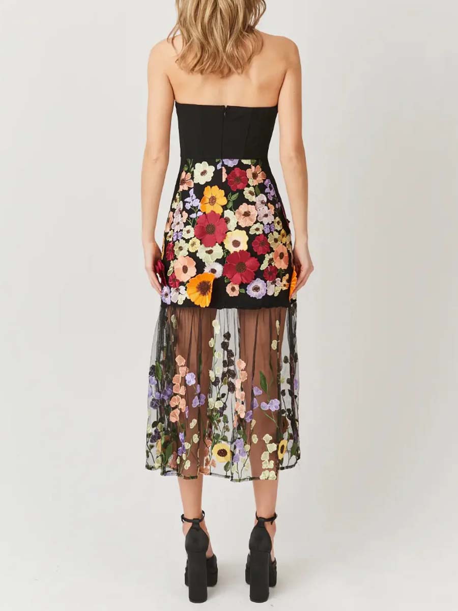 3D Floral Strapless Maxi Dress