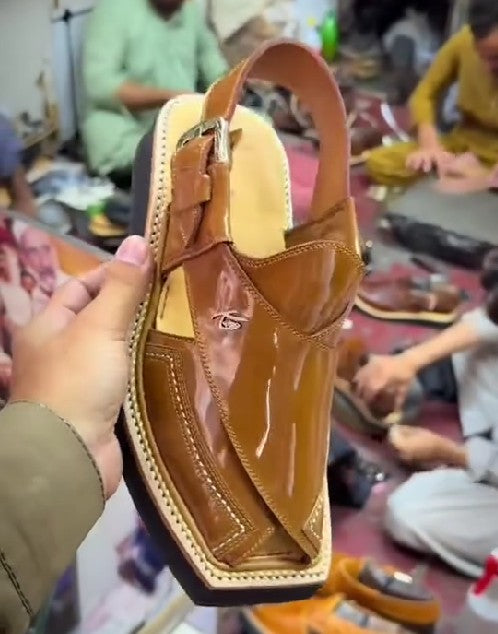 Handmade Men's Thick Sole Patent Leather Square Toe Sandals