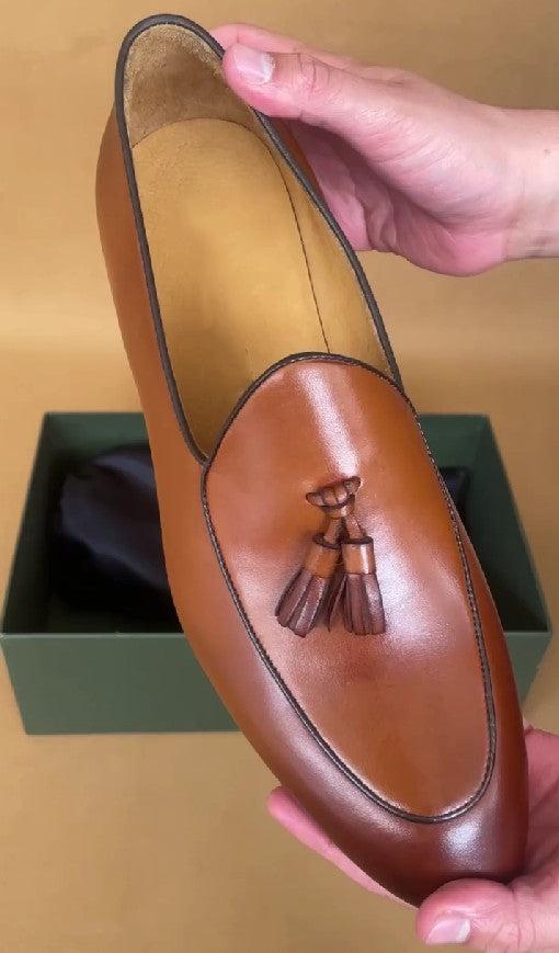 Mens Leather Tassels Loafers Belgian Dress Shoes