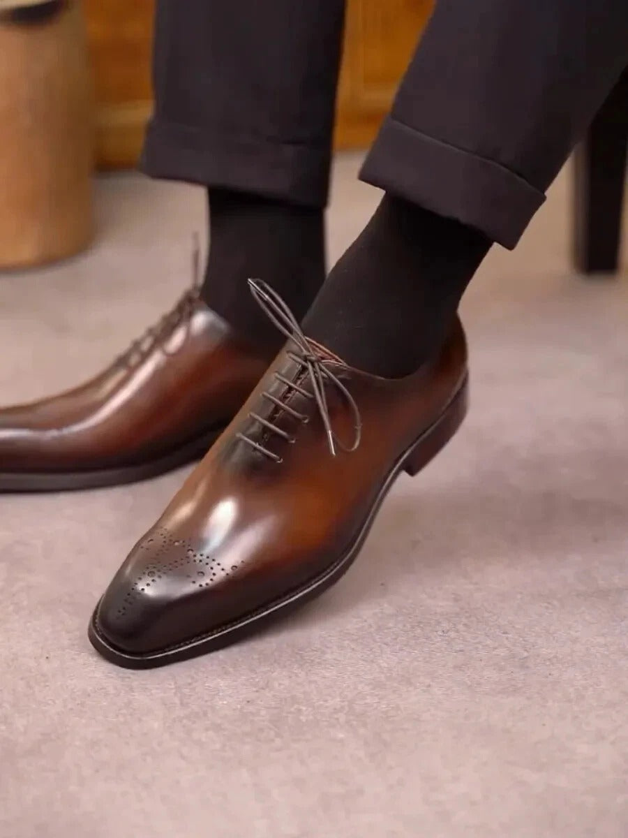 Men's Handmade Leather Oxford Whole-Cut Brogue Lace Up Shoes