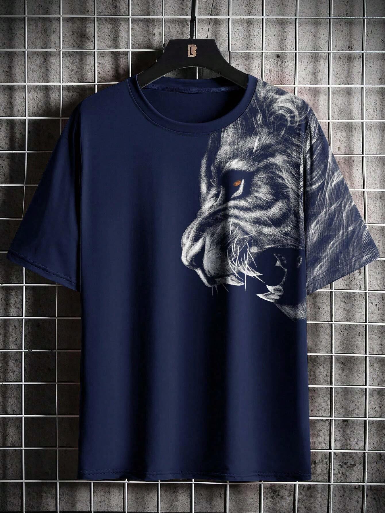 3D Printed Lion Head Round Neck Short Sleeve T-Shirt