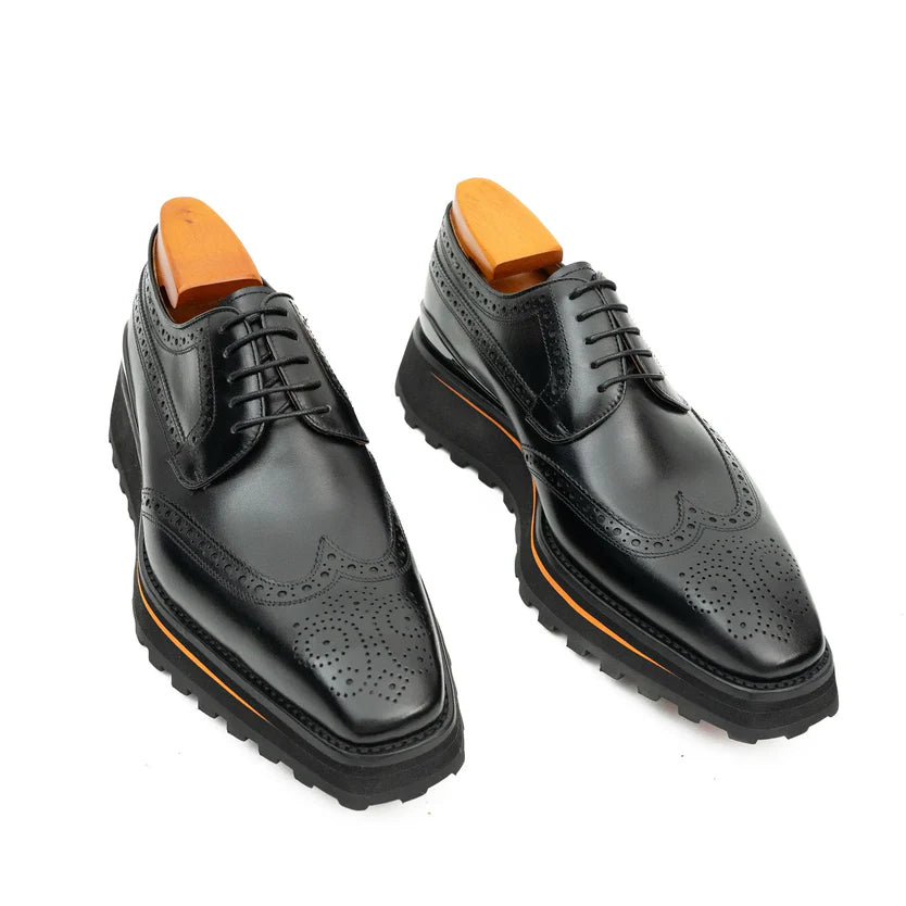 Thick-soled Calfskin Formal Brogue Derby Shoes