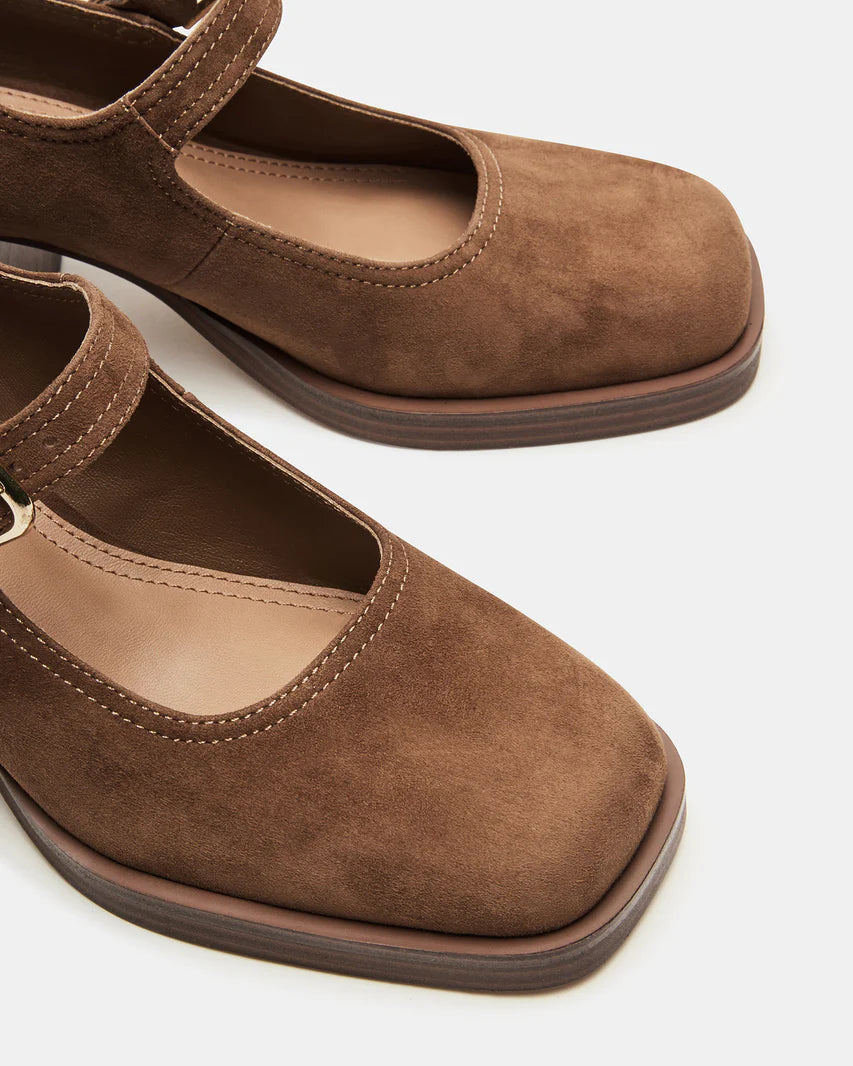 Chestnut Suede Block Heel Mary Janes Loafers