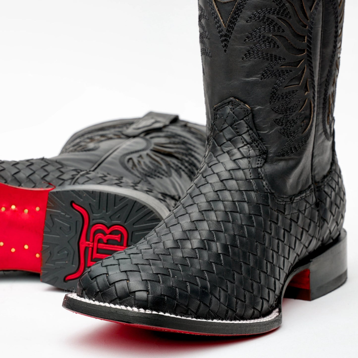 Square Toe Black Basketweave Leather Boots