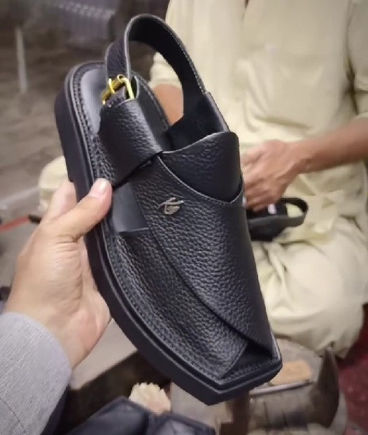 Handmade Lychee Grain Leather Square Toe Men's Sandals