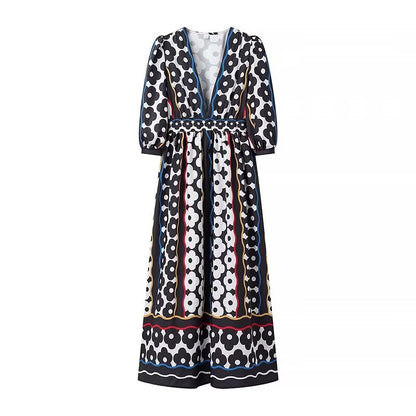 Fashion Elegant Deep V-Neck Printed Long Sleeve Dress