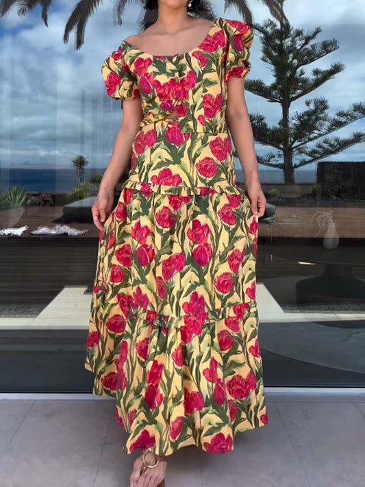Floral Print Puff Sleeve Two Pieces Dress