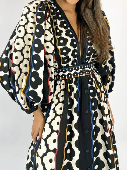 Fashion Elegant Deep V-Neck Printed Long Sleeve Dress