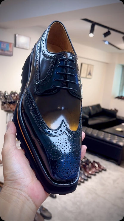 Thick-soled Calfskin Formal Brogue Derby Shoes