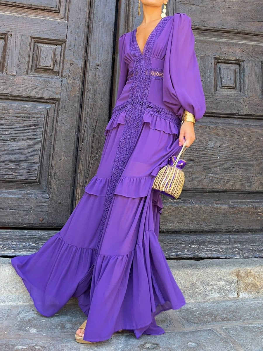 Elegant Patchwork Long Sleeve V Neck Ruffled Dress