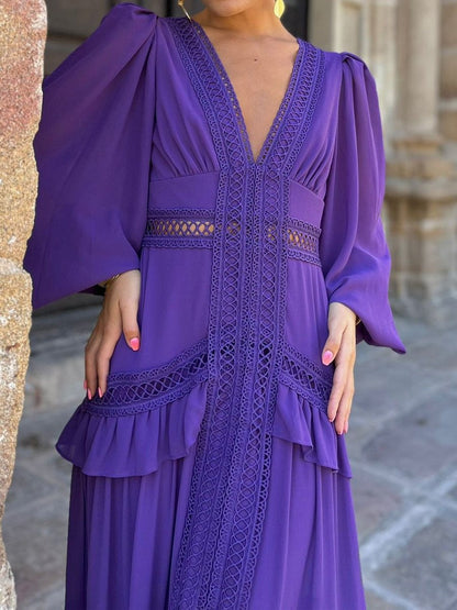 Elegant Patchwork Long Sleeve V Neck Ruffled Dress