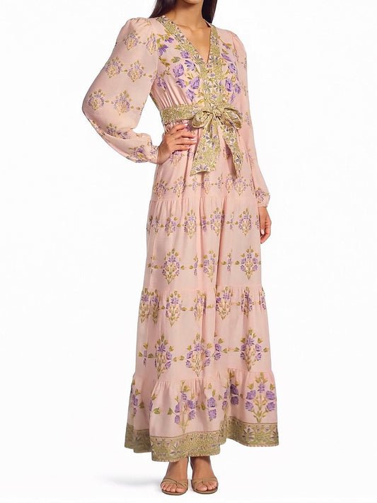 Floral Printed Long Sleeve V-Neck Self Tie Maxi Dress
