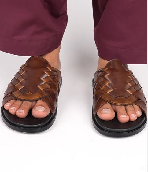 Luxurious Brown Woven Leather Slip-On Sandals For Men