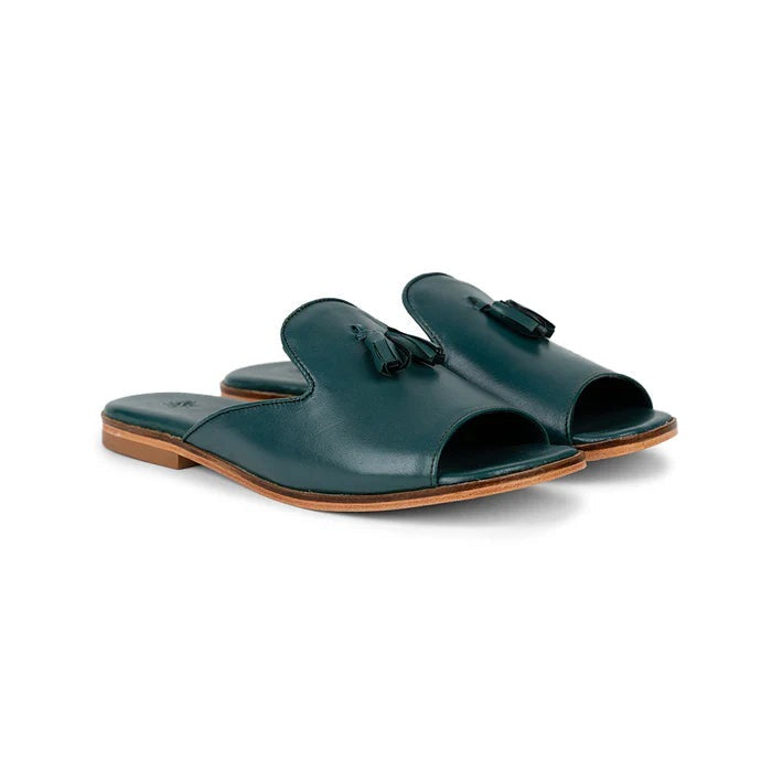 Elegant Teal Leather Slide Sandals