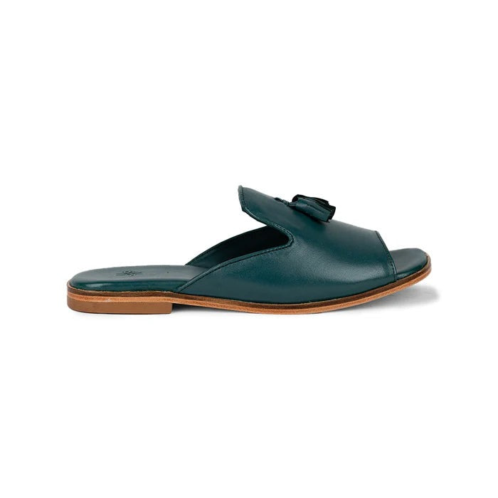 Elegant Teal Leather Slide Sandals