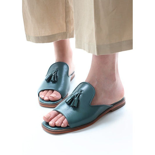 Elegant Teal Leather Slide Sandals