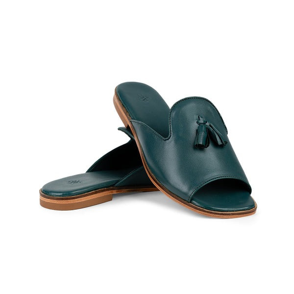 Elegant Teal Leather Slide Sandals