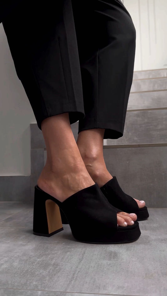Black Suede Platform Heeled Mules