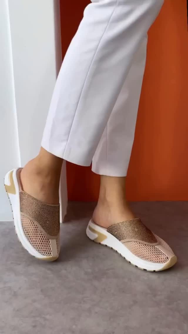 Flat Sole Stoned Mesh Women's Sports Slippers