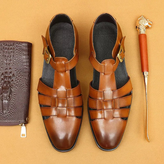 Men's Summer Genuine Leather Sandals Hollow Out Roman Style Formal Oxfords Shoes