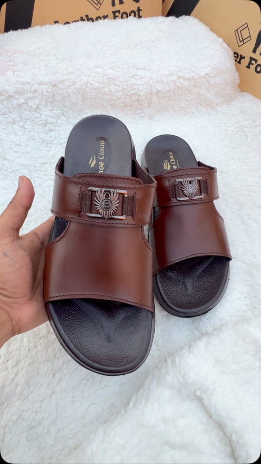 Ornamental Buckle Anti-Slip Brown Leather Slippers