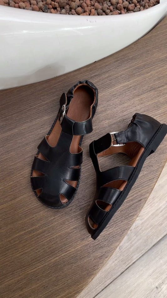 Black Leather Roman Sandals With Adjustable Strap
