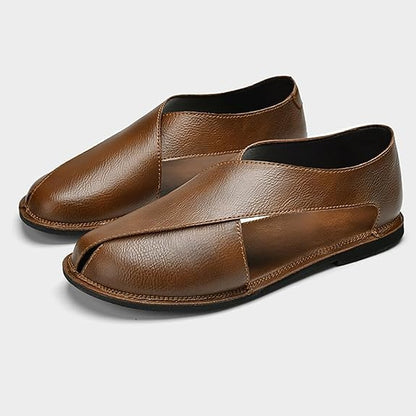 Men's Closed Toe Hollow Out Slip On Sandals Soft Falt Leather Shoes