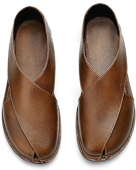 Men's Closed Toe Hollow Out Slip On Sandals Soft Falt Leather Shoes