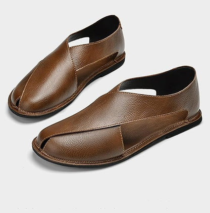 Men's Closed Toe Hollow Out Slip On Sandals Soft Falt Leather Shoes