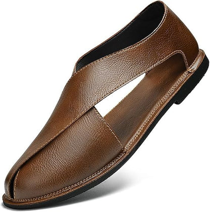 Men's Closed Toe Hollow Out Slip On Sandals Soft Falt Leather Shoes