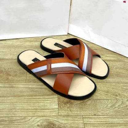 Casual Men's Striped Cross-Strap Leather Sandals