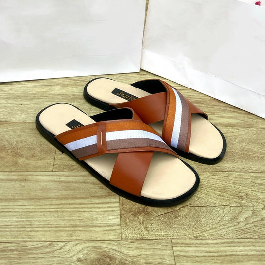 Casual Men's Striped Cross-Strap Leather Sandals