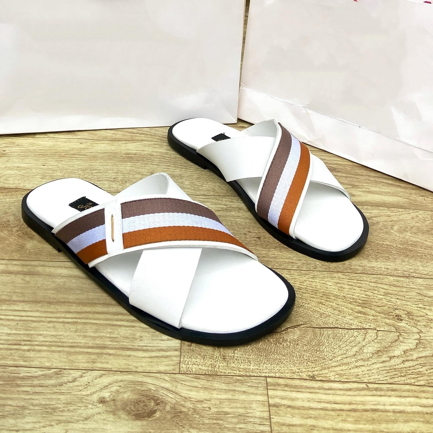 Casual Men's Striped Cross-Strap Leather Sandals
