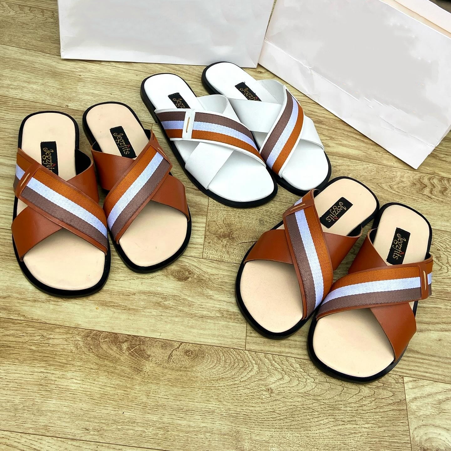 Casual Men's Striped Cross-Strap Leather Sandals
