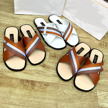 Casual Men's Striped Cross-Strap Leather Sandals