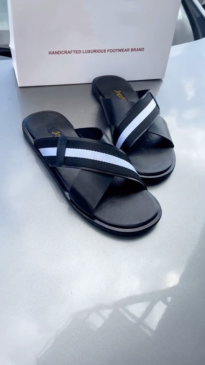 Casual Men's Striped Cross-Strap Leather Sandals