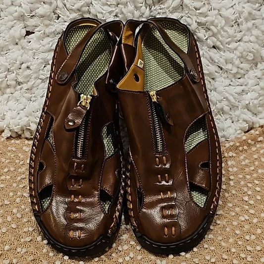 Men's Ventilated Durable Leather Sandals With Zipper
