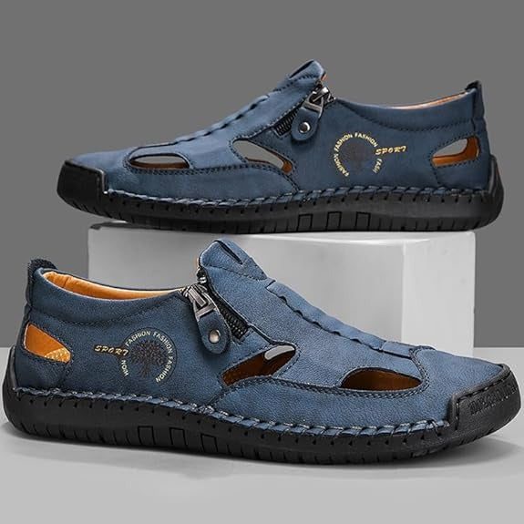 Men's Summer Leather Closed Toe Hollow Sandals