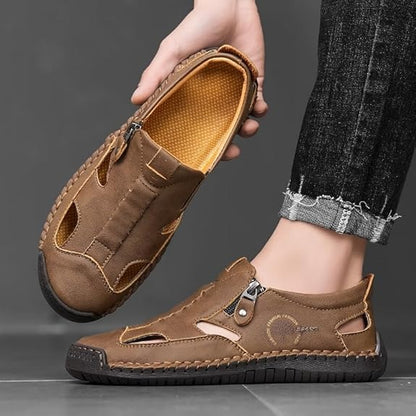 Men's Summer Leather Closed Toe Hollow Sandals