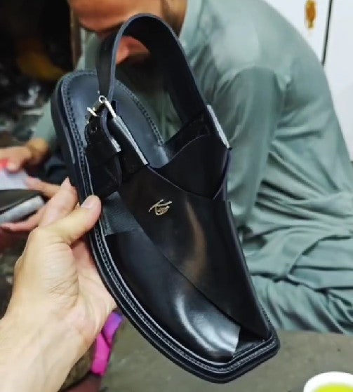 All Black Leather Square Toe Men's Sandals