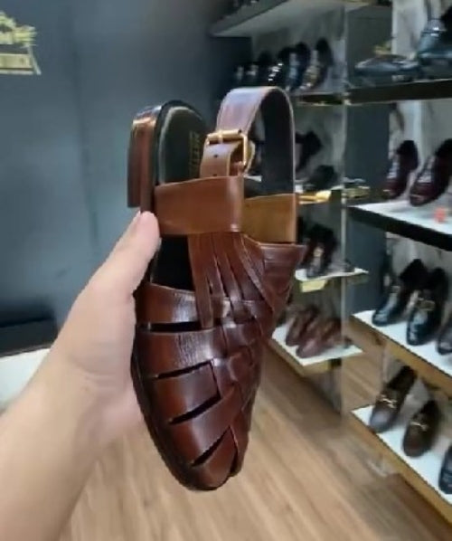 Men's Premium Brown Leather Woven Strap Sandals