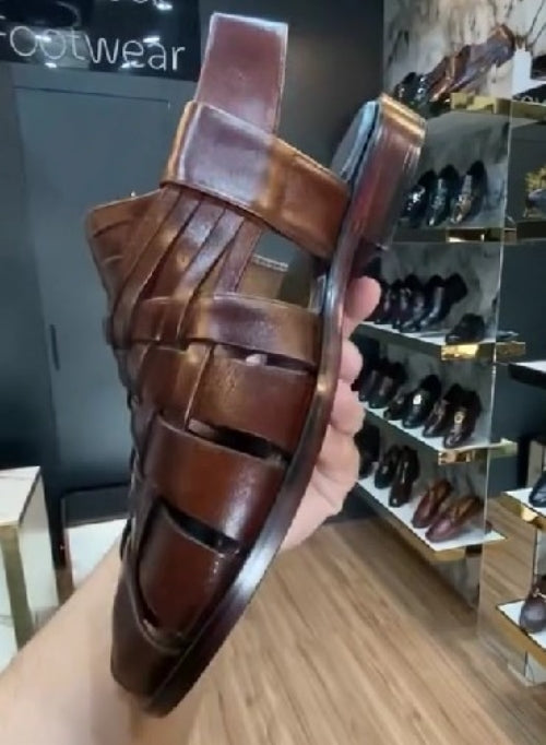 Men's Premium Brown Leather Woven Strap Sandals