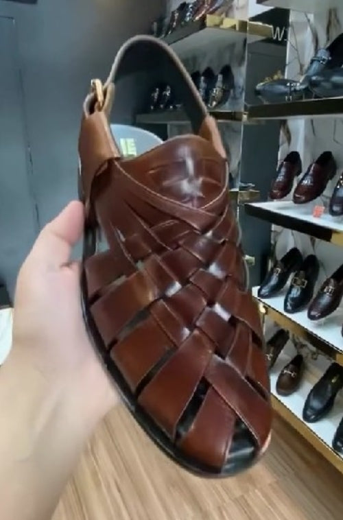 Men's Premium Brown Leather Woven Strap Sandals