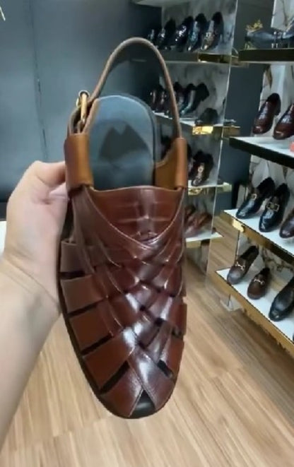 Men's Premium Brown Leather Woven Strap Sandals
