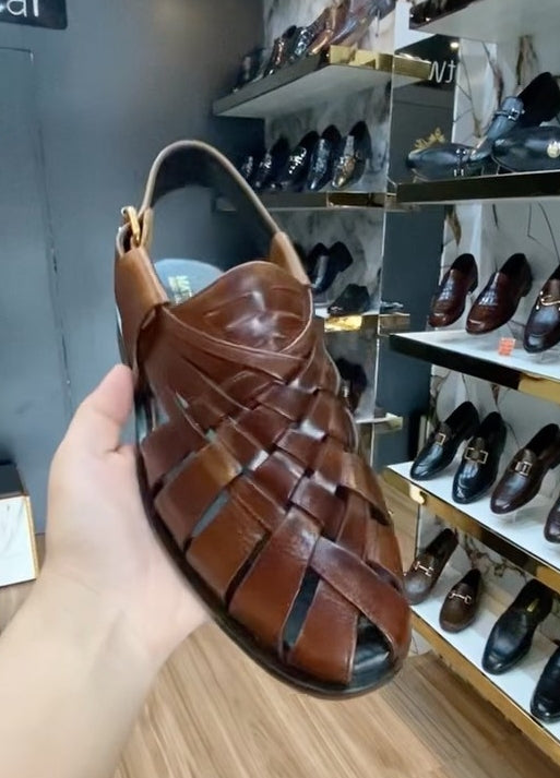 Men's Premium Brown Leather Woven Strap Sandals