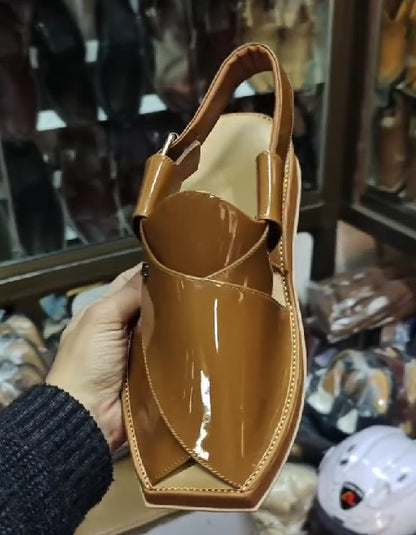 Handmade Men's Plain Patent Leather Square Toe Sandals