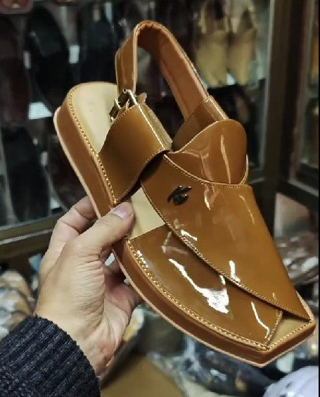 Handmade Men's Plain Patent Leather Square Toe Sandals
