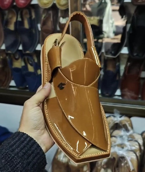Handmade Men's Plain Patent Leather Square Toe Sandals