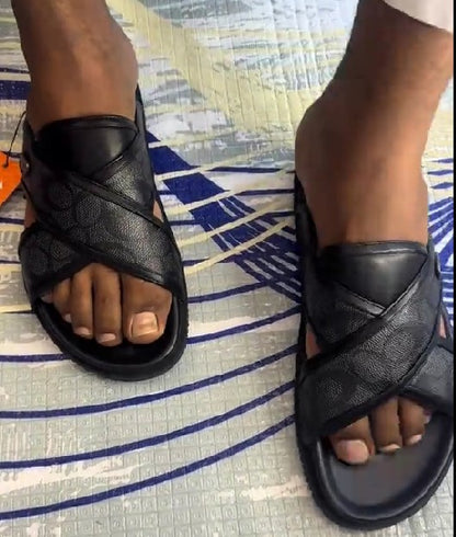 Leather Printed Cross Men's Slippers
