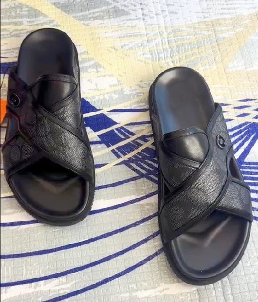 Leather Printed Cross Men's Slippers